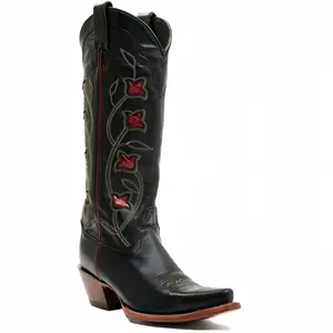 Western Cowboy Boots Red Flower Decal Retro Pointed Women's Caramel Brown Cuban Heel Soft Velvet Inner Velvet for Music Festivals Parties Daily Wear Girl Decor Walking Shoes Footwear