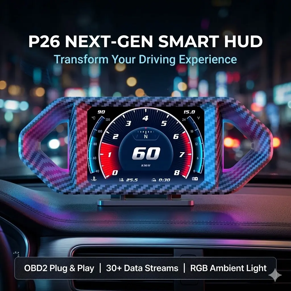 P26 OBD2 HUD Head Up Display - Car Electronic Accessory Smart Car Digital Gauge with RGB Ambient Light, Turbo Boost & Transmission Temp, Performance Test for All Cars