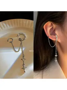 Boho Cz Circle Cuff Dangle Earrings, Silver Color Crystal Cross, Long Cz Tassel Chain, Non Pierced Jewelry for Women, All Seasons Style