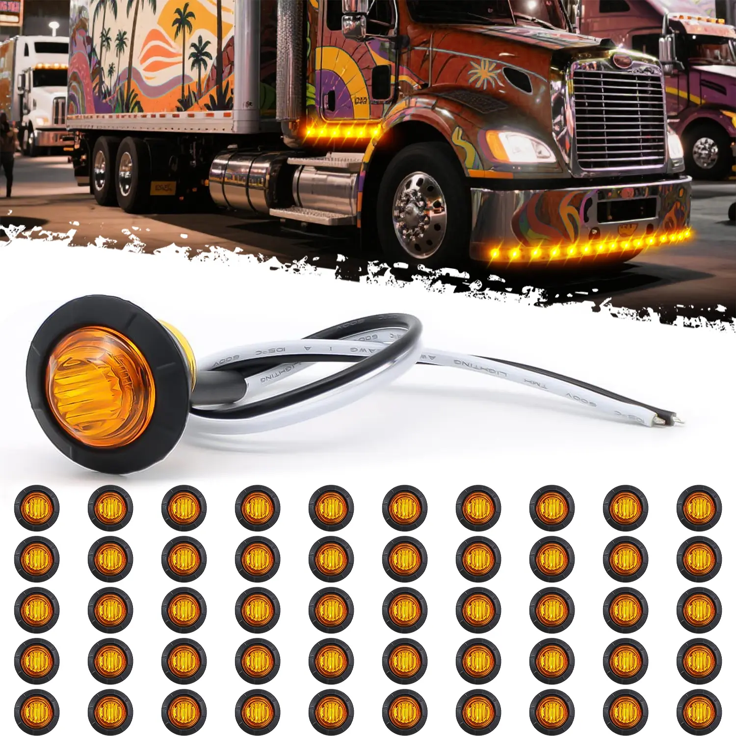 DIBMS 50 pcs 3/4 Inch Mount Amber 3 LED Mini Round Trailer Side Marker Indicator Lights Clearance Button Signal Lamps Universal for Trucks Lorry Boat Pickup Bus Caravan RV Waterproof Sealed Bulbs 12V DC, Amber cop lights ,Amber LED  Led Backlights