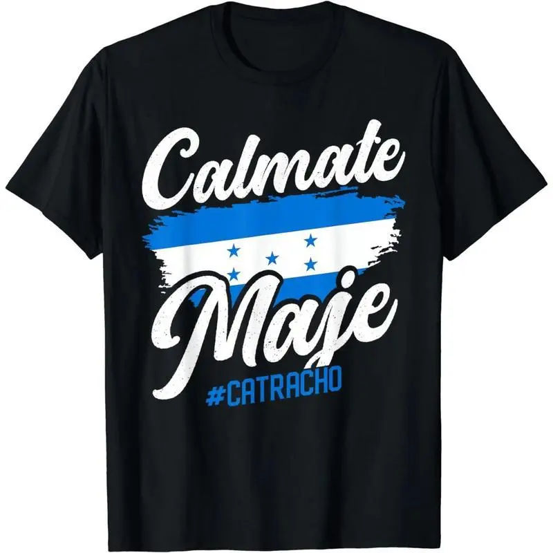 Men's T-Shirt with Distressed Honduran Flag Graphic, 100% Cotton Short Sleeve Streetwear Top for Catrachos with "Calmate Maje" Funny Slogan