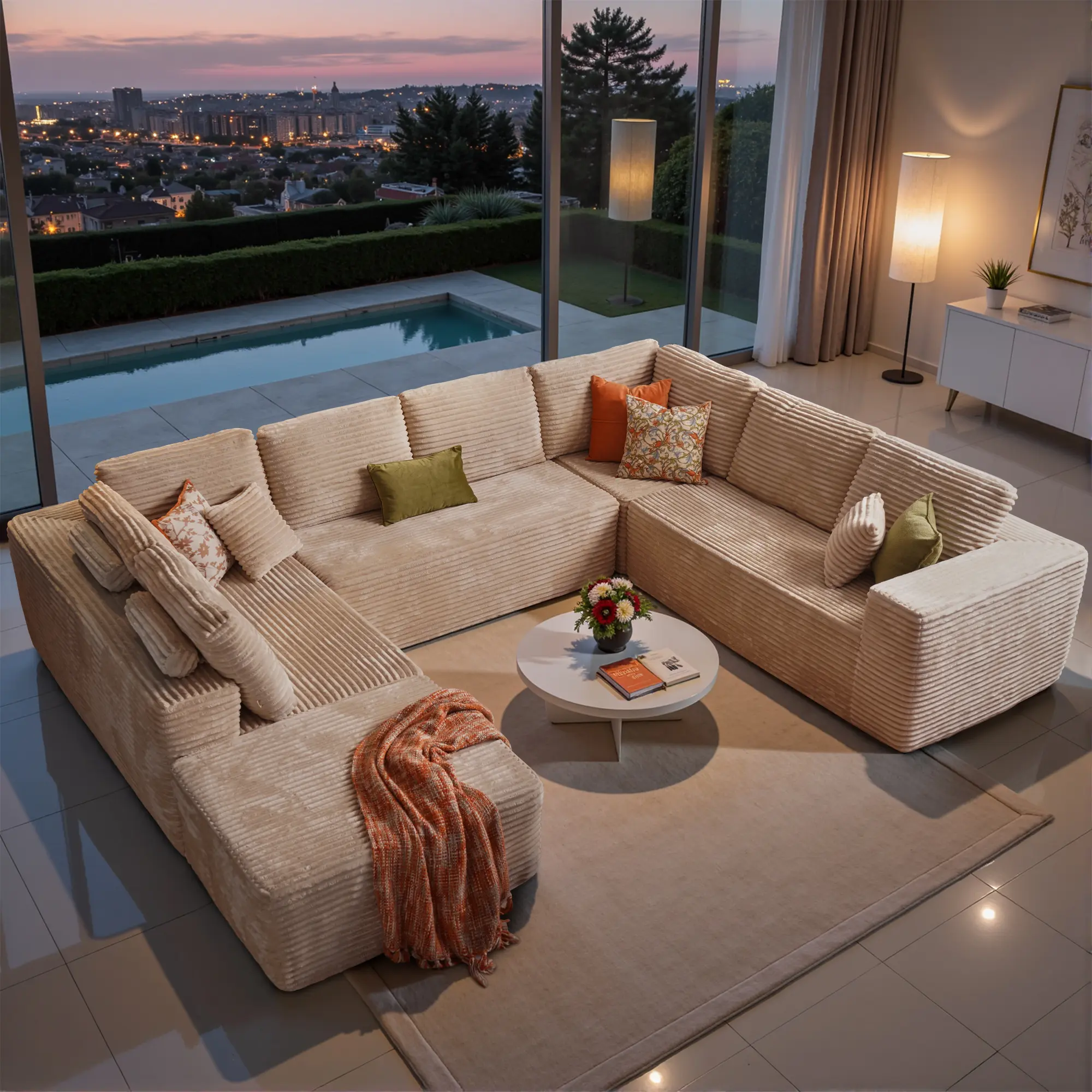 ALLWEX 135" Modular Cloud Sectional Sofa for Living Room, Oversized Corduroy Couch with Deep Seat Chaise & Movable Ottoman, Multifunctional Floor Sofa with Flexible Layout, Plush Lounge Seating, No Assembly Required, Sofas Living Room