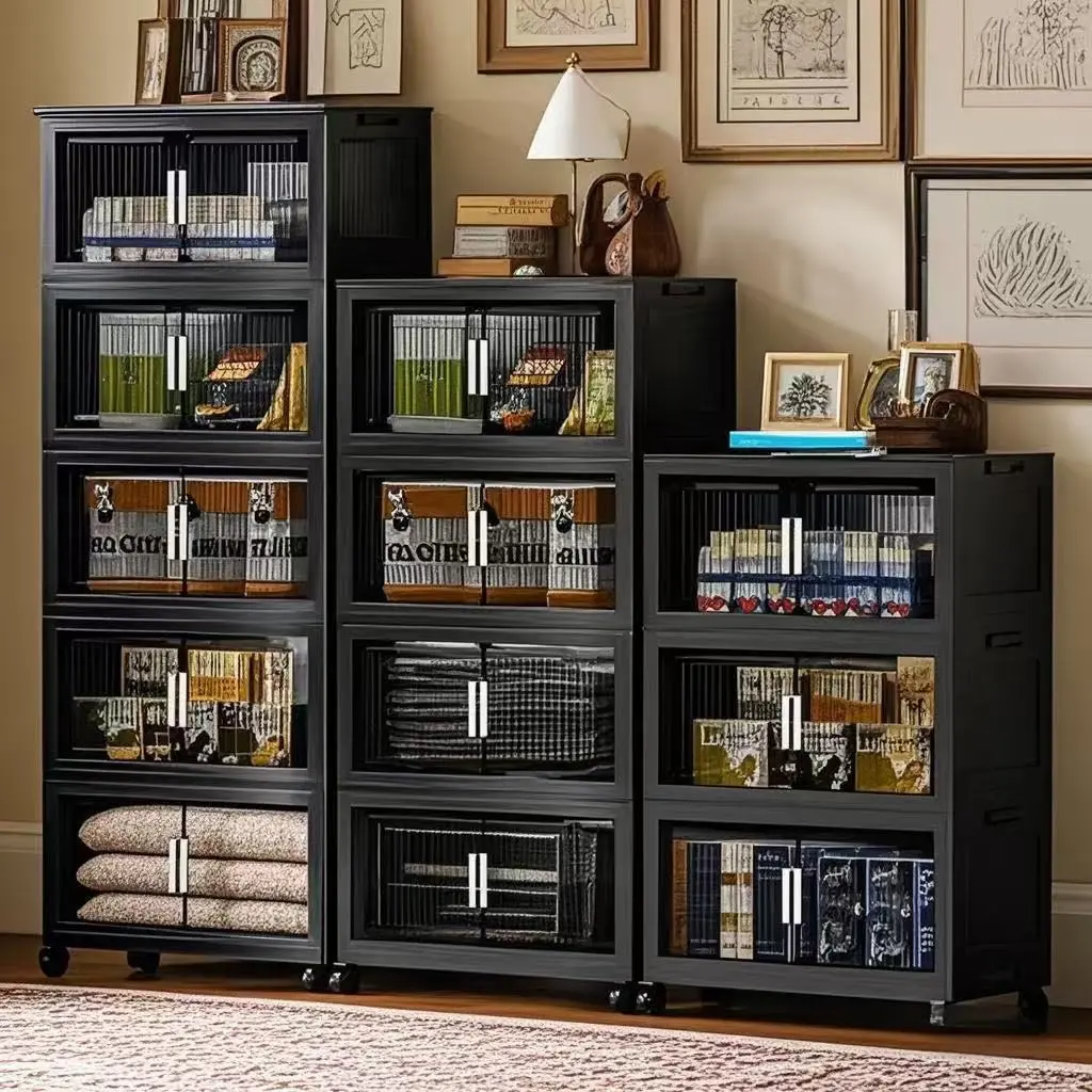Black Five-layer Multifunctional Storage Cabinet, Which Is Foldable And Can Be Stacked. Ship In Your Area. You Will Receive The Goods Soon. Its Quality Is Very Good, It Can Help You To Store All The Daily Necessities. Kitchen, Bedroom, Bathroom.