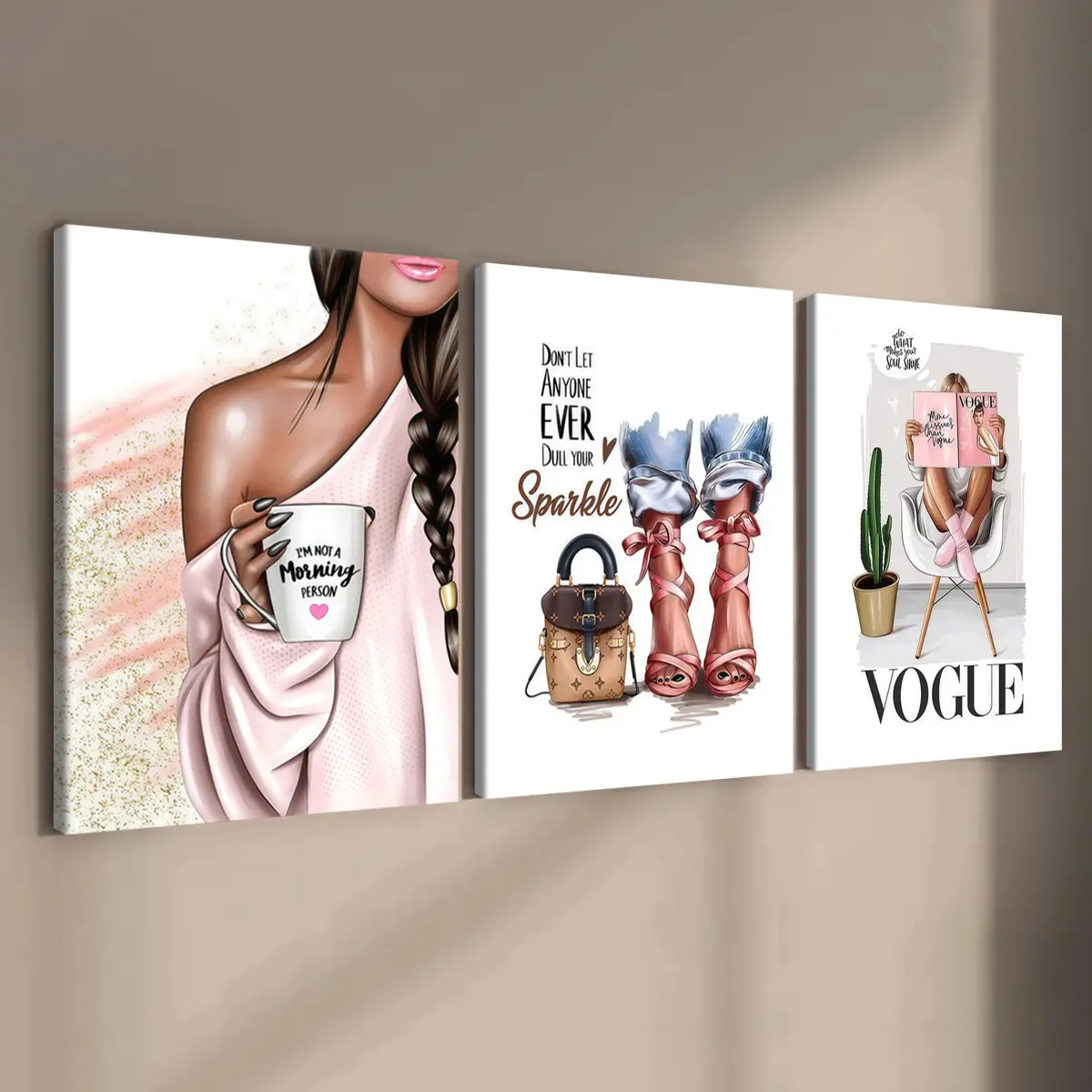 3-count wooden frame canvas, girlish ins style trendy dressing theme poster, Modern cool design, female poster, modern home decor, corridor wall art, Decoration items, waterproof, art
