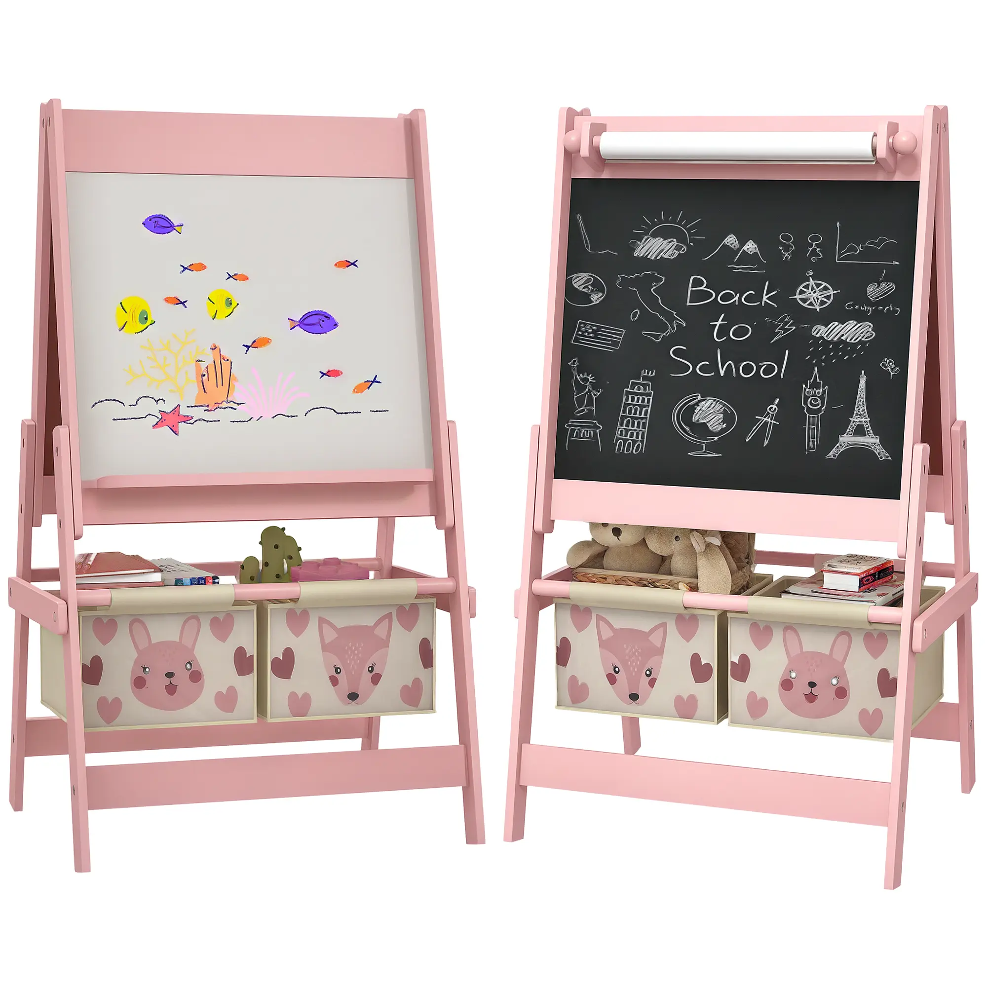 Art Easel with Paper Roll, Blackboard, Whiteboard & Storage – 3-in-1 Design for Chalk, Markers & Paper. 2 Storage Baskets Keep Supplies Organized. Adorable Animal Theme. Stable A-Frame. Pink. Ages 3-8. 21.25"L x 18.25"W x 36.5"H