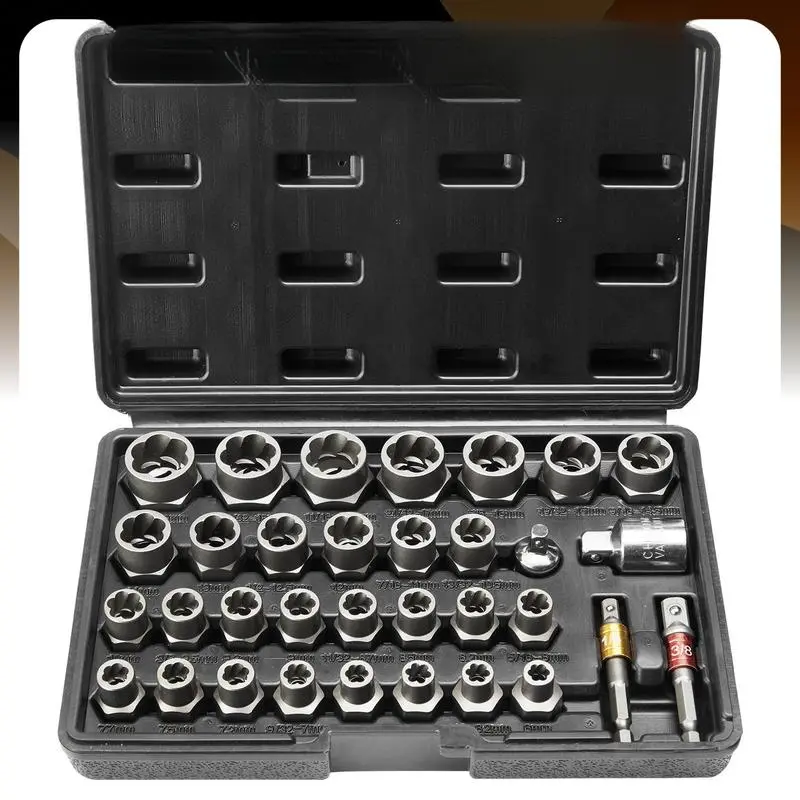 29-Piece CR-MO Steel Bolt Extractor Set, 6mm-10mm & 13/32"-3/4" Nut Remover Sockets with Storage Case, Removes Damaged Rusted Bolts, Nuts and Screws for Sports & Outdoor Fitness Strength Training Equipment, Removes Bolts