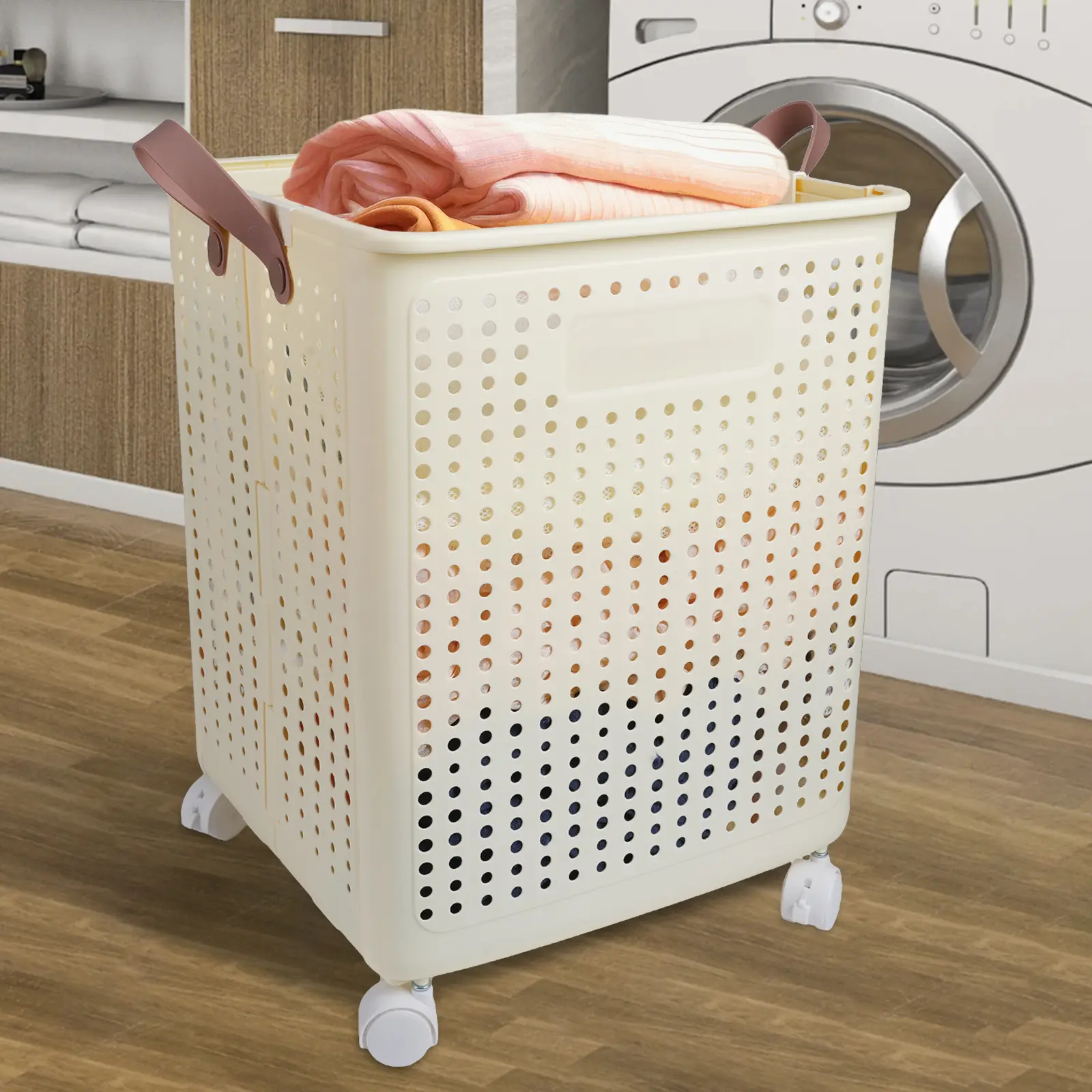 Wheeled Laundry Basket - Functional Large Foldable Polka Dot Single-Compartment Dirty Clothes Organizer with Wheels, Home Laundry Storage Solution for Dorms, Laundry Baskets