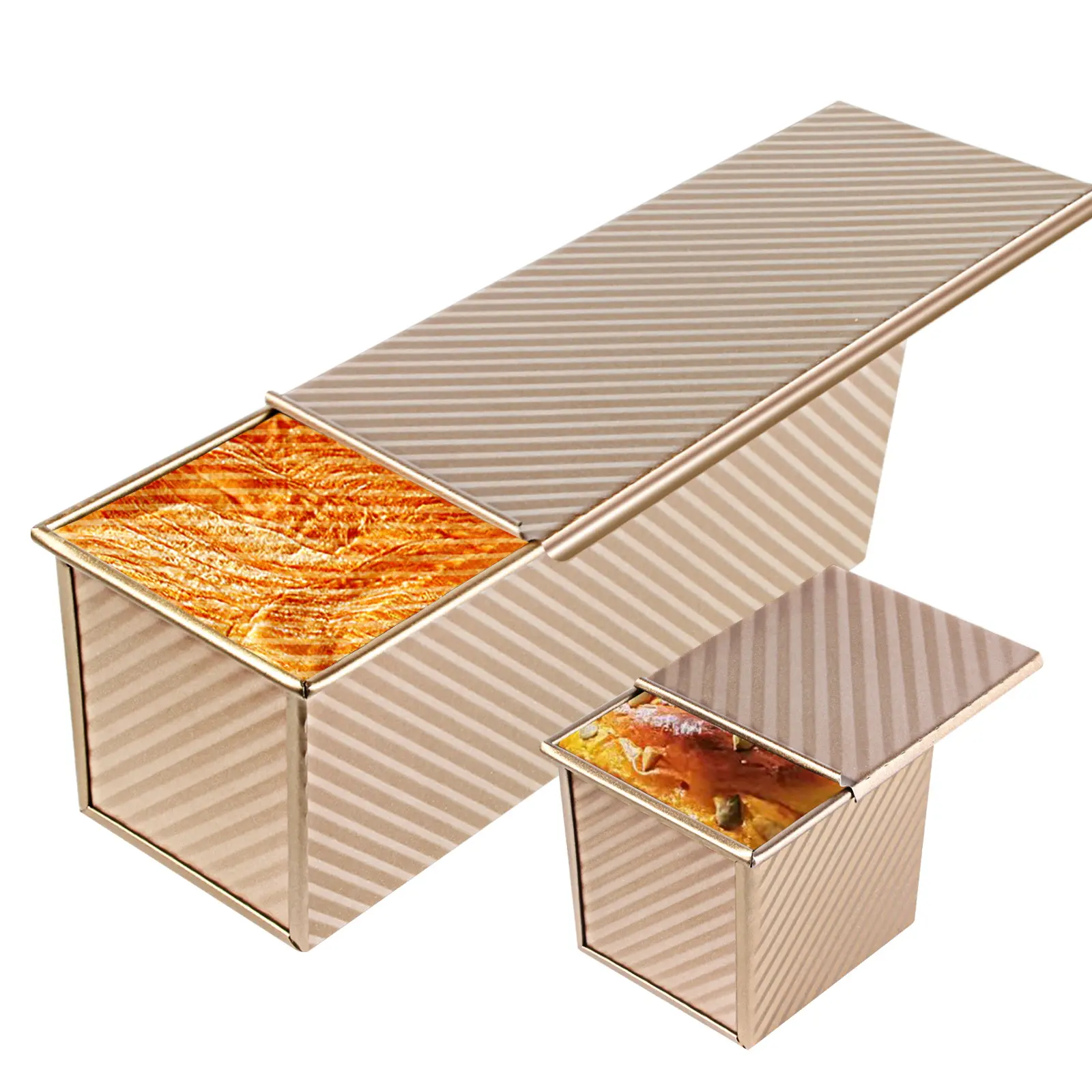 SPMARKT Thick Non-Stick Carbon Steel Pullman Mini Loaf Pans Set of 2 (Rectangular & Square with Lids), Baking Molds for 2.2 lbs & 0.5 lbs Dough, Ideal for Sandwich Bread, Sourdough