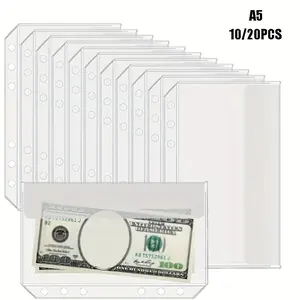 10/20 Pack Clear PVC A5 Ring Binder Pouches - Zipper-free budget envelopes for cash management systems, Cash storage binder, 6-ring binder wallets, durable savings challenge folders with multiple compartments, Savings Challenge Planner