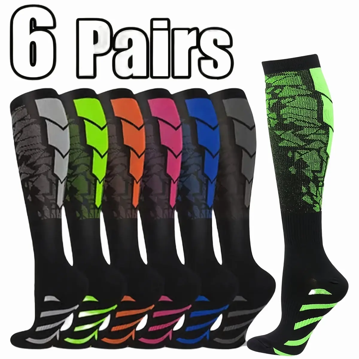 6-Pack Unisex Compression Sports Socks - Breathable, Moisture-Wicking & Comfortable Nylon Blend - for Basketball, Football, Running, Hiking and Outdoor Sports, Sports Socks|Compression Socks|Comfortable Fit