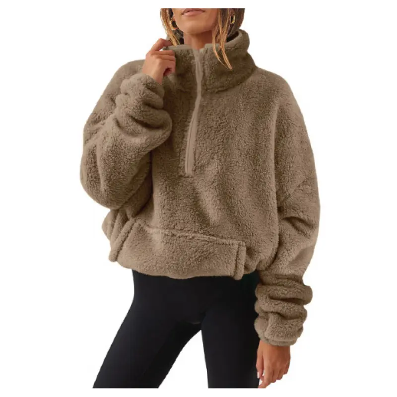 Women's Fashion Cropped Half-Zip Fuzzy Teddy Sherpa Fleece Top - Long Sleeve Pullover with Zipper Pockets, Soft Comfy Casual Warm Clothes, Sweatshirt Outfits