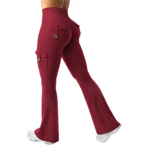 High Waist Cargo Flare Yoga Pants, Invisible Elastic Waist with Pockets, Stretch Skinny Workout Trousers for Gym Outdoor Daily Wear