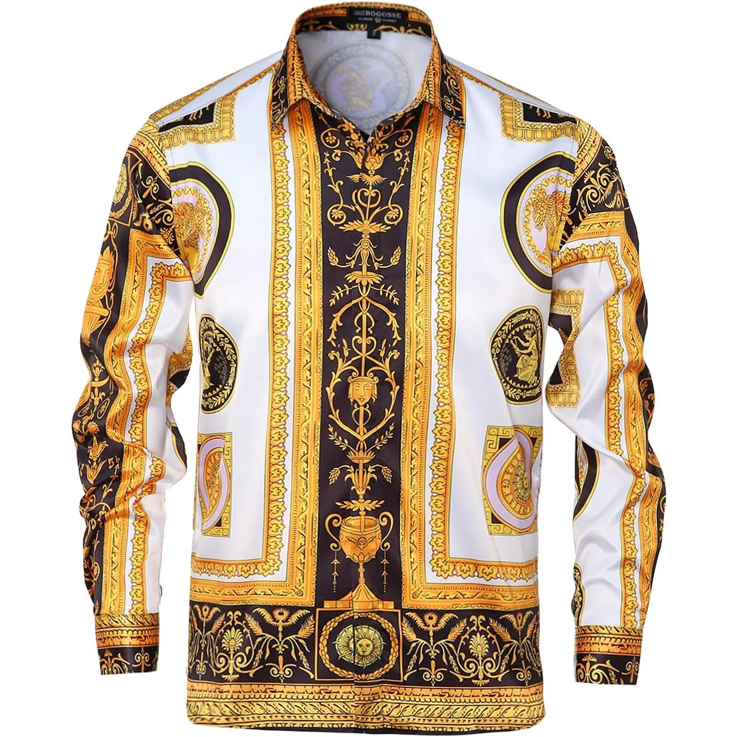 Men Gold Fashion Luxury Printed Satin Long Sleeve Button-Down Shirts Flashy Retro Gorgeous Design Party Gift Shirt