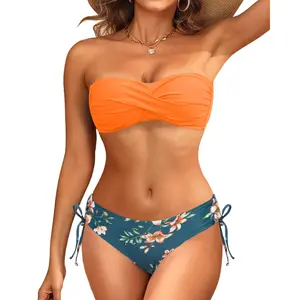Tempt Me Women's Strapless Bandeau Bikini Set - Twist Front Two Piece Swimsuit Top with Side Tie Bathing Suit Bottom