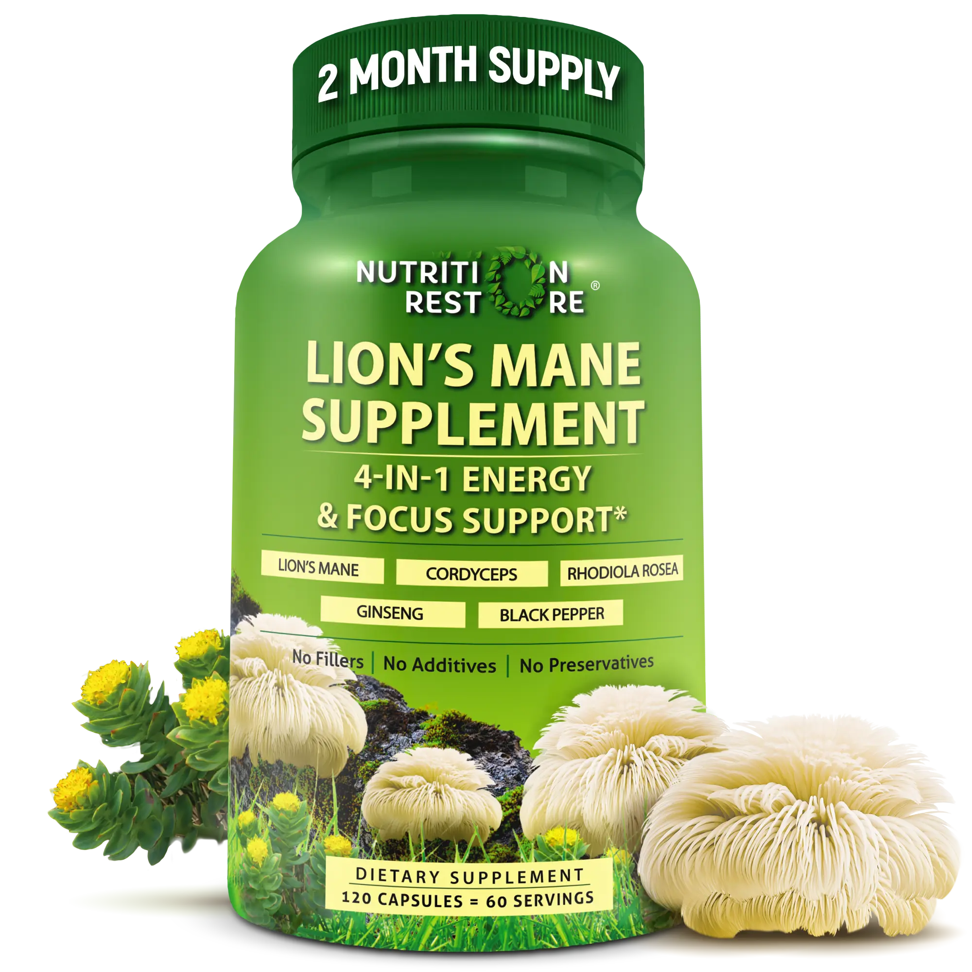 Nutrition Restore Organic Lion's Mane Mushroom Supplement - Supports Focus & Memory - Fruiting Body Extracts - 120 Capsules