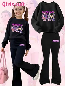 Girls Kpop Demon Hunters Korean Style Cartoon Print Hoodie & Bell Bottoms Set, Fall Winter Fashion, Comfortable Kids Clothing, Christmas Gift