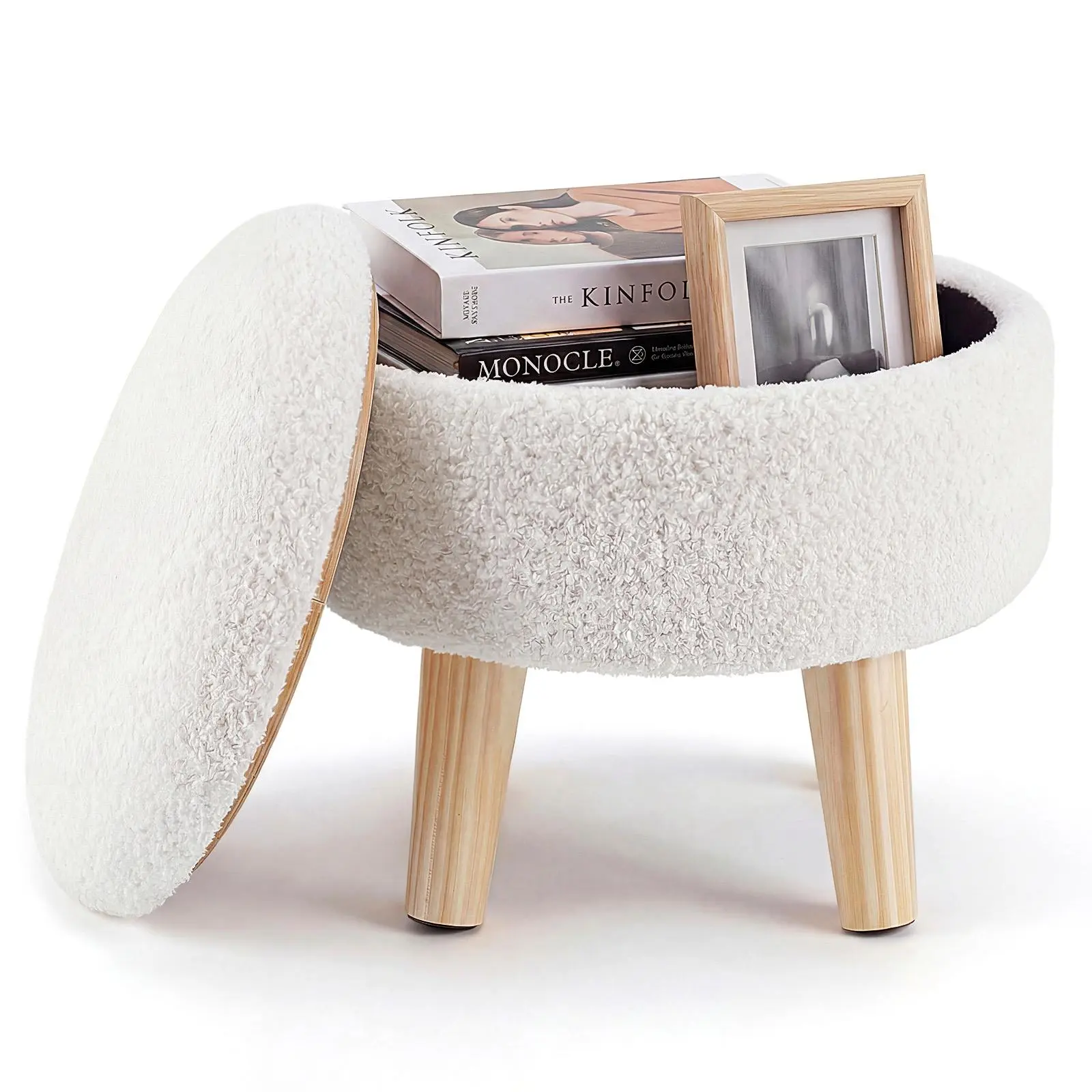Round Storage Chair with Soft Cushioned Seat, Multi-Functional Footstool with Wooden Legs and Hidden Storage Compartment – Compact Teddy Fabric Ottoman for Small Spaces, Living Room, Bedroom, Dormitory – 13"x13"x11.8"
