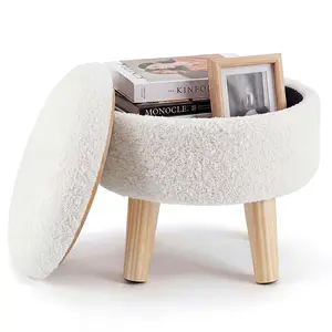 Round Storage Chair with Soft Cushioned Seat, Multi-Functional Footstool with Wooden Legs and Hidden Storage Compartment – Compact Teddy Fabric Ottoman for Small Spaces, Living Room, Bedroom, Dormitory – 13"x13"x11.8"
