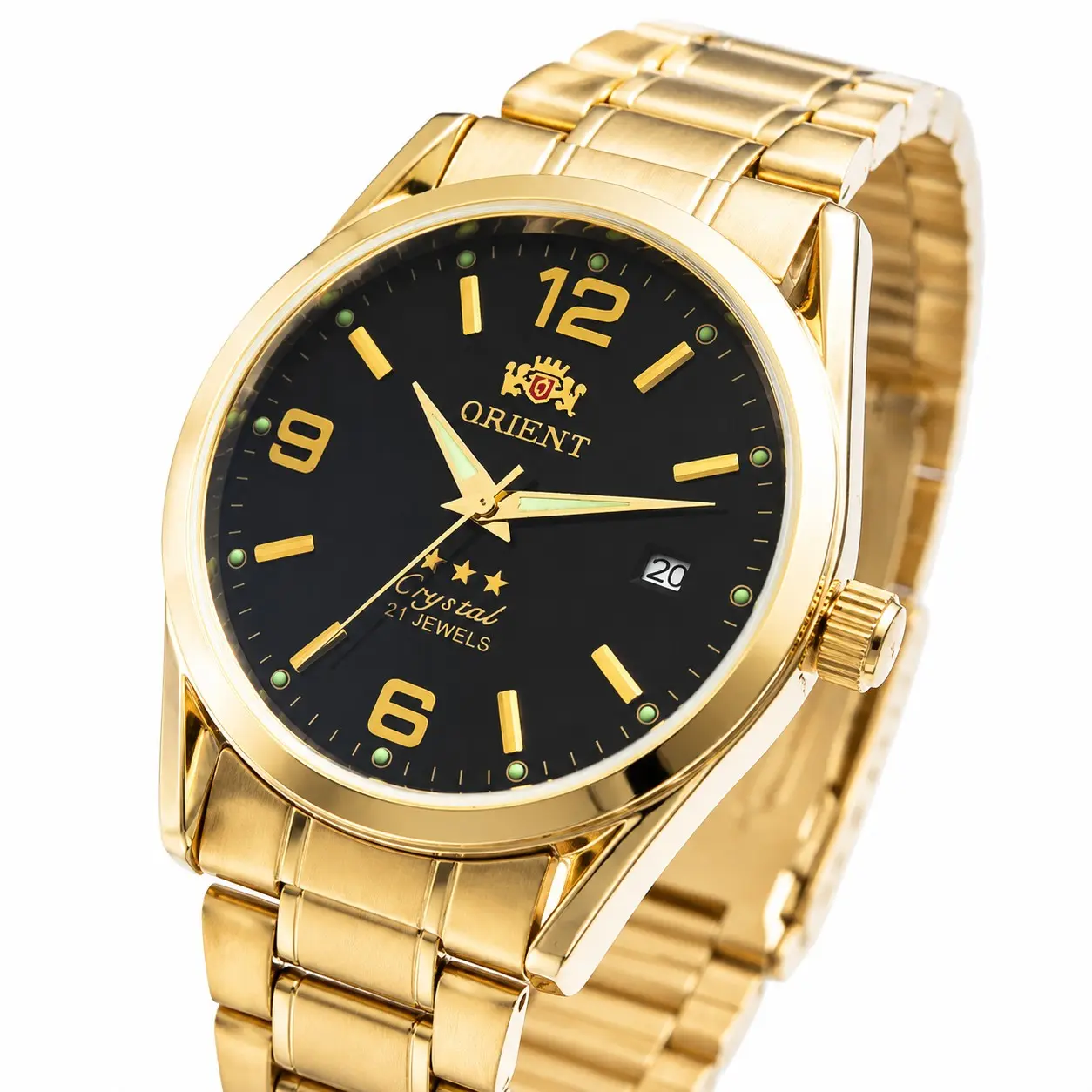 Men's Orient Gold-Plated 21-Jewels Mechanical Watch - Round Face, Large Dial, Luminescent Hands, Date Window, Stainless Steel Bracelet, Waterproof Luxury Business Watch for Business Wear, Birthday/Anniversary Gift reloj depulsera
