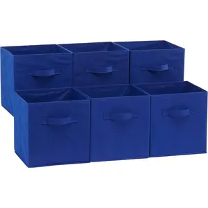 Foldable fabric storage box with handle, home storage cube organizer, 10.5"x10.5"x11", navy blue, 6-piece set