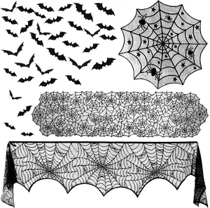 39 Pcs Halloween Decorations Kit Black Lace Spiderweb Round Tablecloth Table Runner, Giant Spider Cobweb Fireplace Scarf with 36PCS Scary 3D Bats Wall Stickers for Halloween Party Decor
