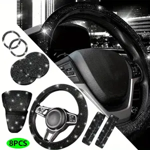 Black Bling Car Accessories Set - 8 Pieces Car Interior Kit with Steering Wheel Cover, Sparkly Seat Belt Covers, Bling Gear Shift Cover, Great Gift for Drivers