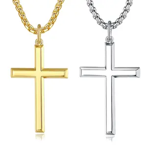 Cross Necklace for Men Sterling Cross Necklaces High Polished Gift For Men, Stainless Steel Box Chain Length 24 Inch
