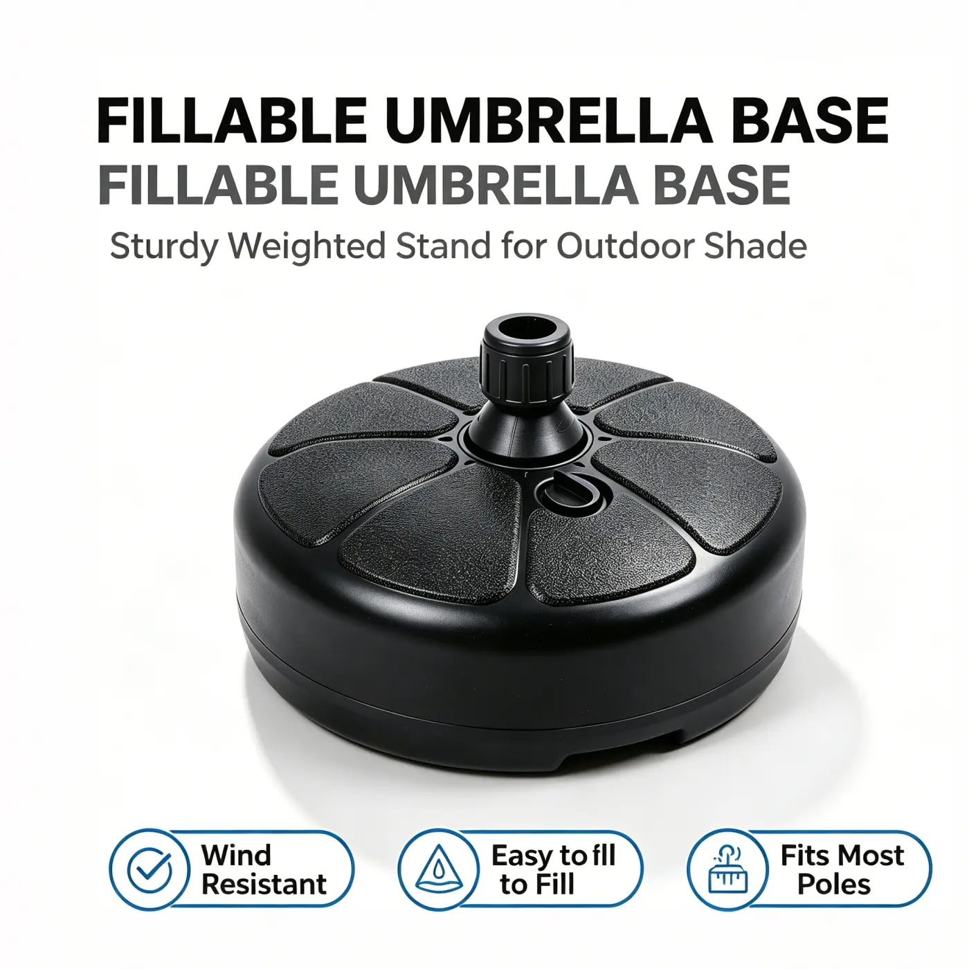 Patio Umbrella Base - 26lbs Fillable Textured Plastic Water-Sand Weighted Compact Round Outdoor Stand, Wind-Resistant Heavy-Duty Patio Base, Fits 1.41" (36mm) Pole, 38x20cm, Requires Assembly, Single Unit for Pool Backyard