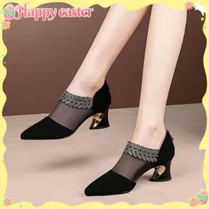 Women's Elegant Heeled Shoes - Spring-Summer Classy Mesh Pointed-Toe Footwear with Rubber Sole, Breathable Thick Heel, Comfortable Design