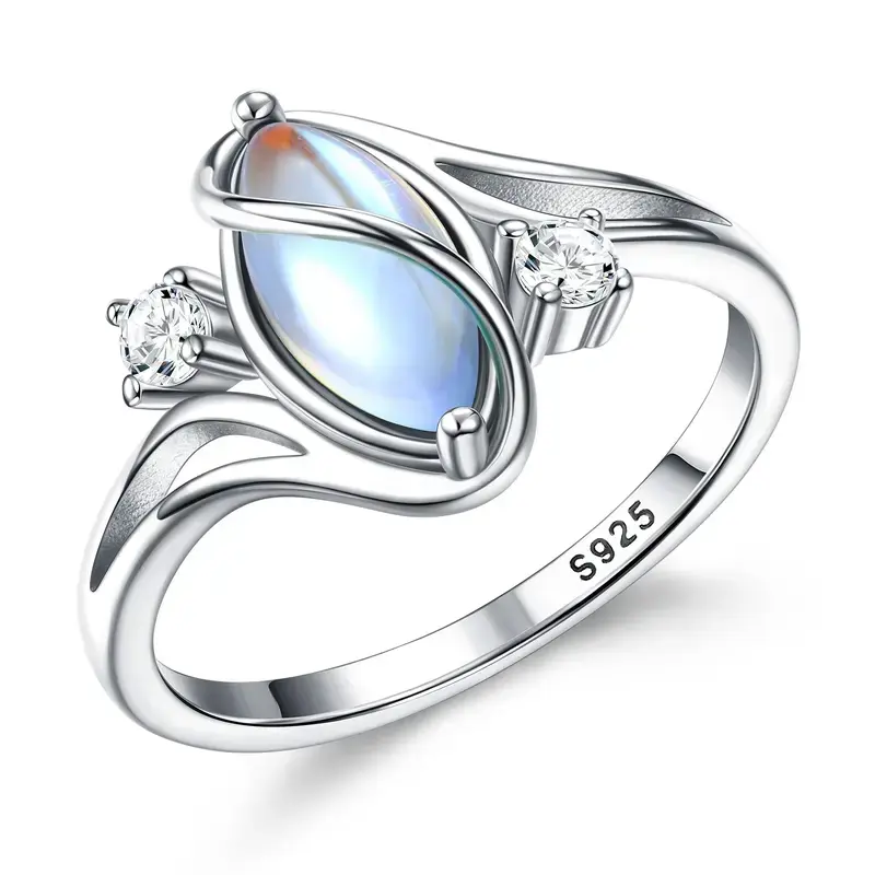 FOCMUTY 925 Gem Encrusted Ring - Synthetic Moonstone with 5A CZ Accents, Women's Crystal Cubic Zirconia Ring, Ideal Gift for Female Adults, Daily Wear & Parties, Rings For Women, Gifts For Female Adults