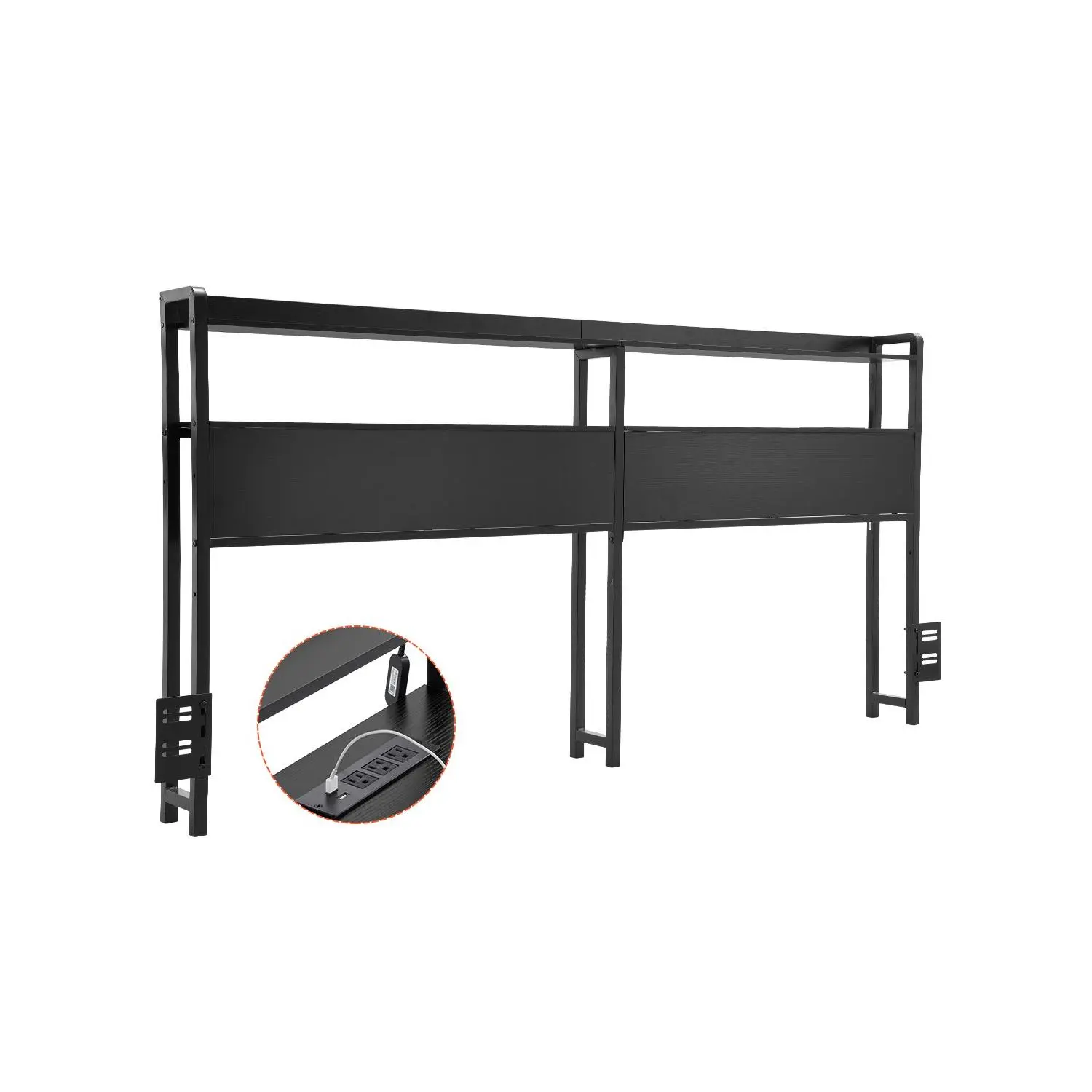 Black Queen-Size Freestanding Headboard (Wood/Metal), VEVOR Adjustable Height Headboard with 2 Storage Shelves, USB Port, LED Light, Anti-Tip Design, Easy Setup for Various Bed Frames