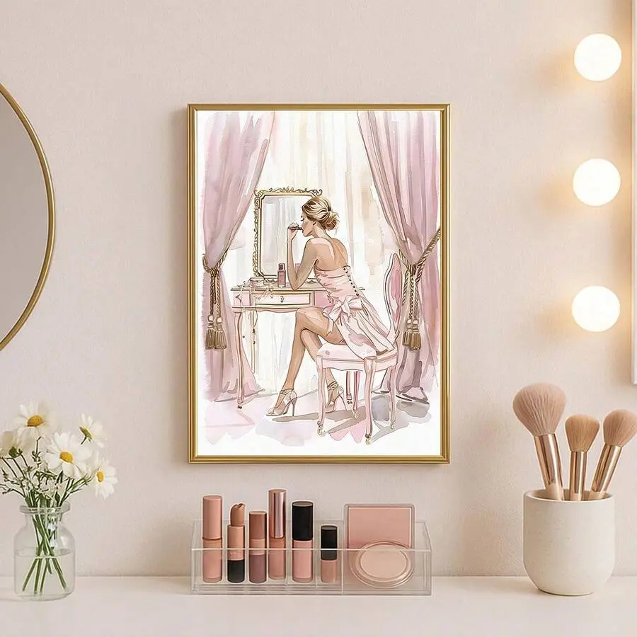 1pc Unframed Elegant Woman Feminine Vanity Stylish Beauty Fashion Poster Makeup Room Wall Art Canvas Print Minimalist Beauty Salon Decor Funky Painting For Girl Room,Bedroom,Living Room,Modern Home Decoration Artistic
