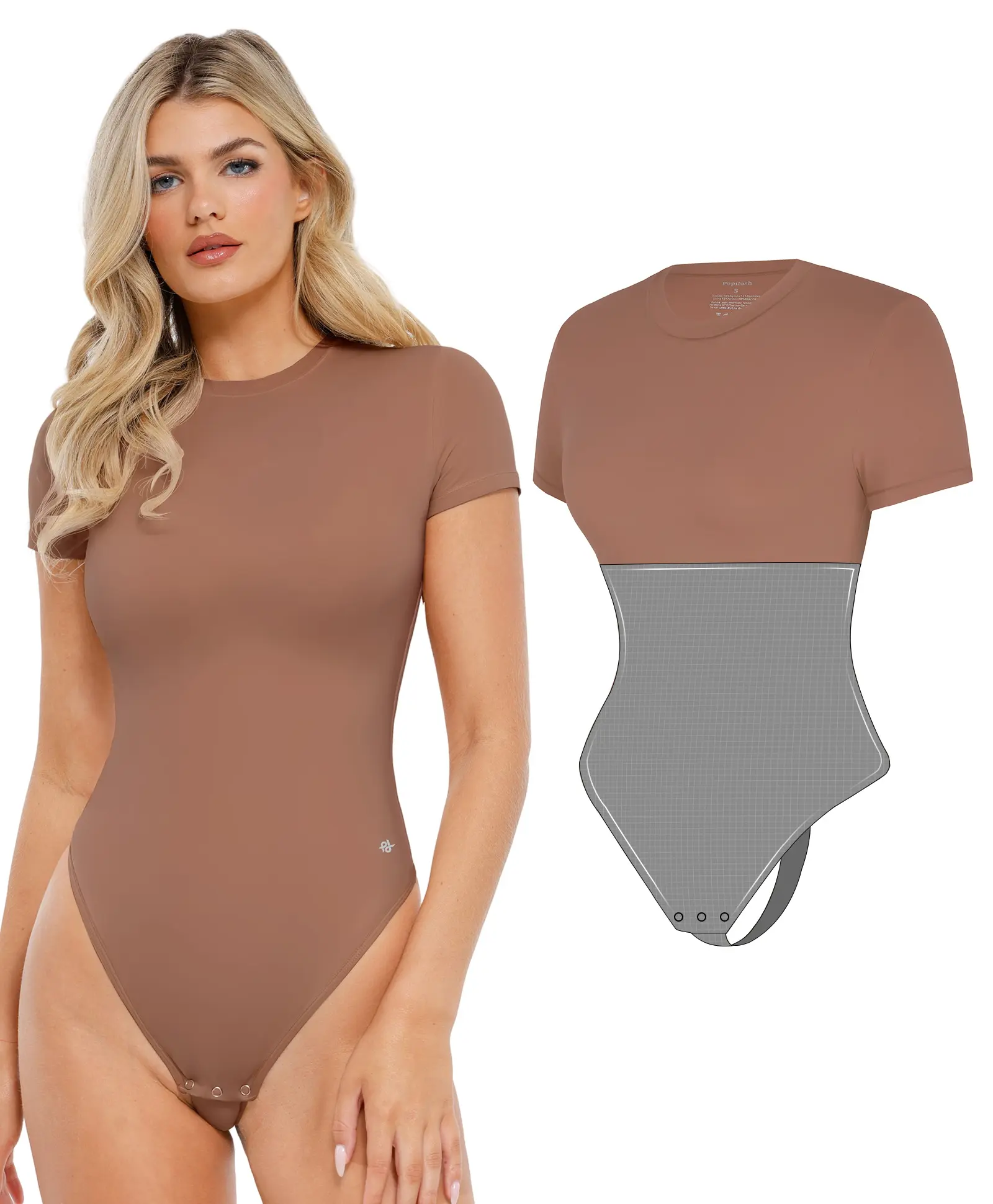 Popilush Shapewear Cloudsense Short Sleeve Crew-Neck Bodysuit Fit Womenswear Breathable Button