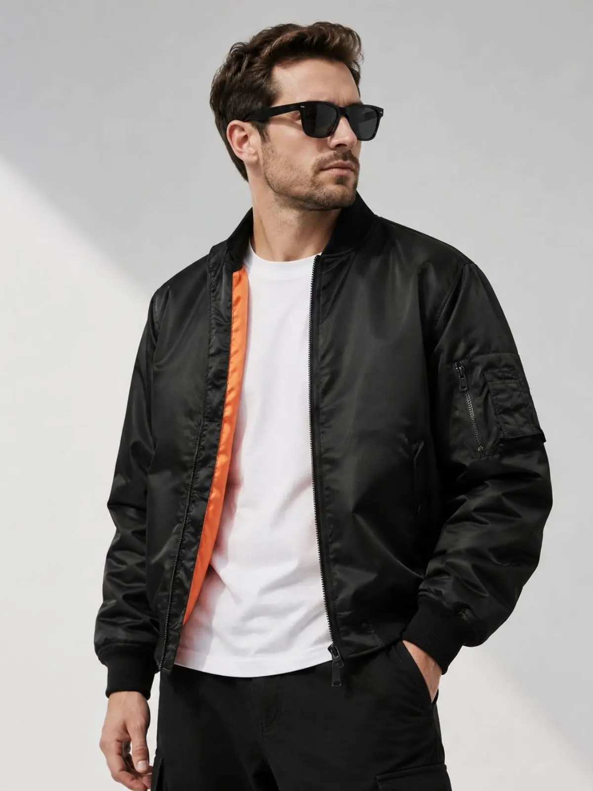 Men's Classic Aviator Bomber Jacket, Lightweight Polyester Coat with Orange Lining, Multiple Pockets, and a Loose Fit