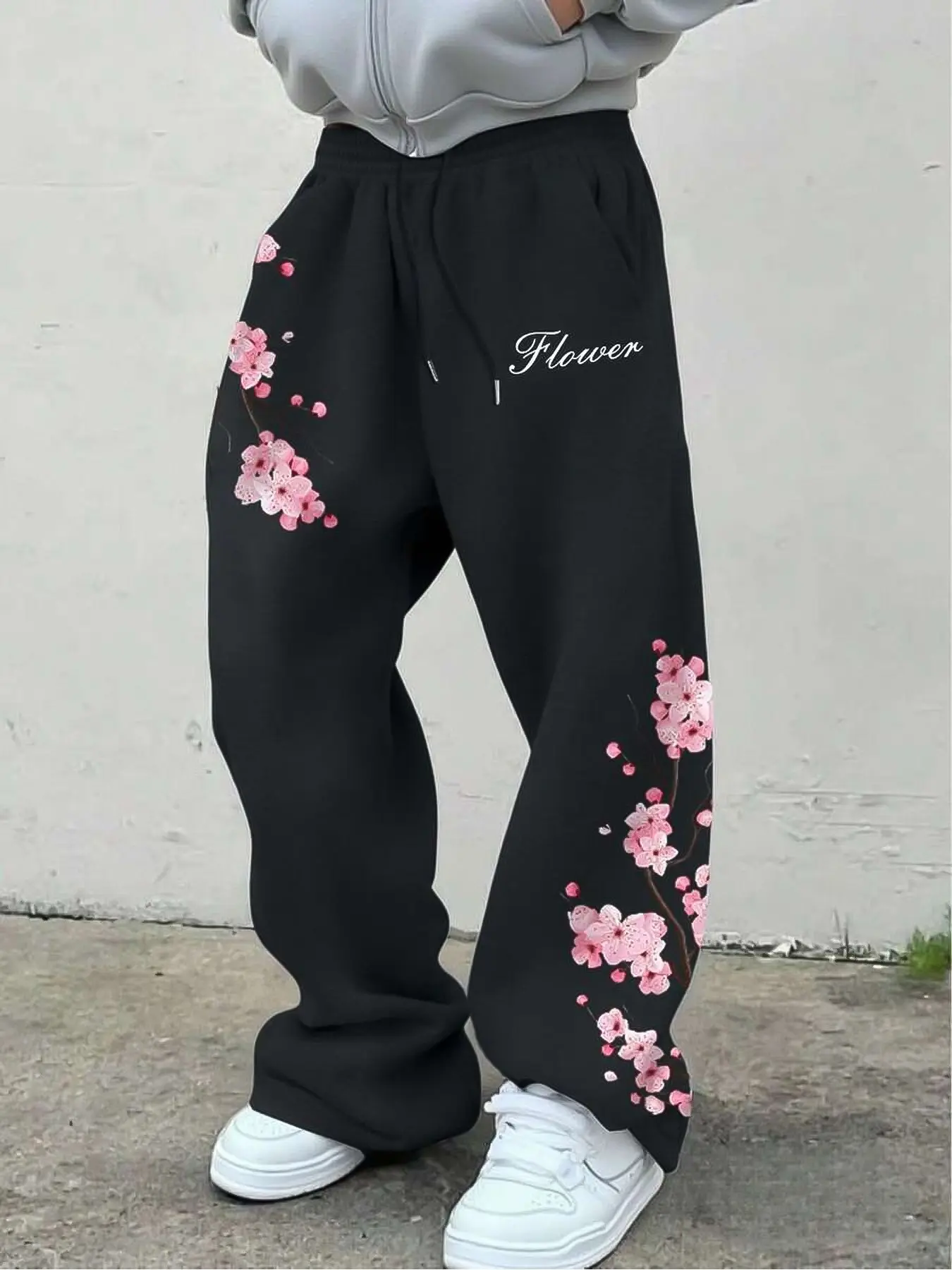 Men's Elastic Waist Drawstring Sports Pants, Tokyo Cherry Blossom Print, Comfortable Casual Trousers, Fashion Straight Leg Design, Casual Sportswear Pants, Casual Athletic Pants, Casual Fitness Pants