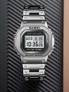 Skmei Retro Style Digital Watch, Water Resistant Wristwatch, Silver Color Square Dial, Zinc Alloy Case, Hardlex Glass, Buckle Band, All Seasons Wear, Business Fashion Waterproof Watch, Trendy Multifunctional Watch