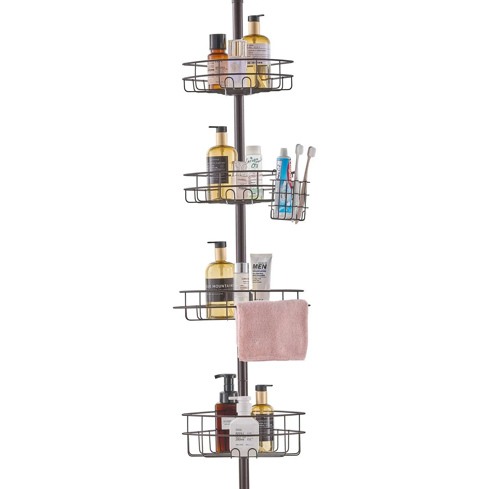 【Summerfinds】VEVOR Stainless Steel Adjustable Tension Pole Shower Corner Caddy, 56"-114" Height Adjust, Rust-Proof, Toothbrush Hold, Buckle Design, Slip-Resist Base, Easy Installation, Bathroom Necessities, Corner Space Saver