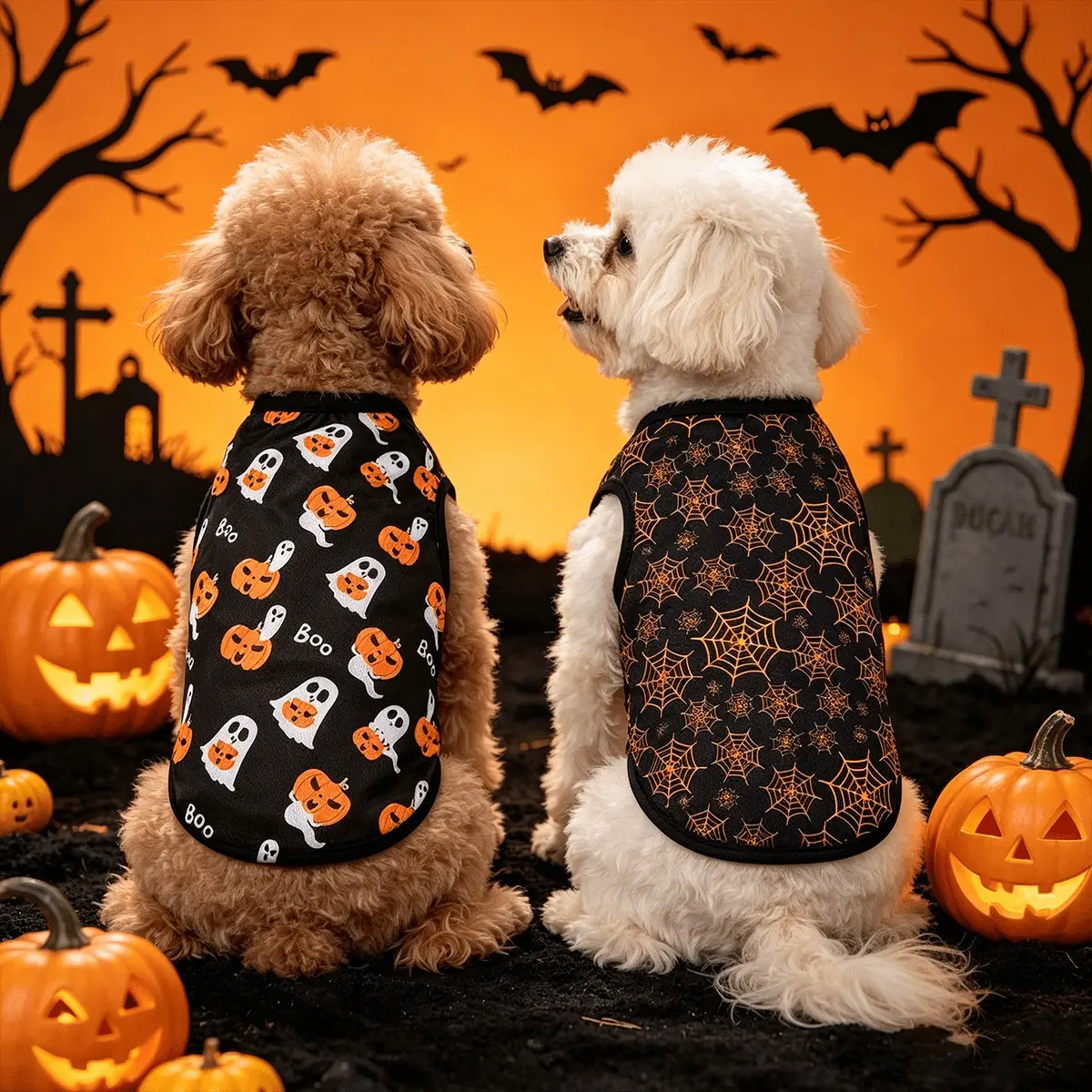 Pet Halloween 2-Piece Printed Vest T-Shirt Set - Soft, Breathable, Universal for Cats & Dogs, Holiday Photo Outfit (1pc Black Spiderweb, 1pc Black Pumpkin)