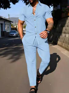 Men's Houndstooth Pattern Casual Menswear Set, Short Sleeve Collared Shirt + Drawstring Pants, Two-Piece, Comfortable and Stylish Clothes