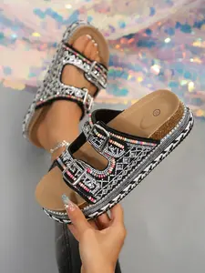 Women's Boho Beach Sandals, Rhinestone Beaded Thick Sole, Adjustable Strap, Slip-On, Summer Party, Travel, Poolside, PU Leather