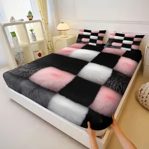 3Pcs Plush Checkered Fitted Sheet Set, Bed Sheet Sets, Fluffy Black White Squares Pattern, Faux Fur Style Bedding, Soft and Cozy Fabric Design, Perfect for Stylish Bedroom Makeover, Lncludes 1 Fitted Sheet, With 2 Coreless Pillowcases