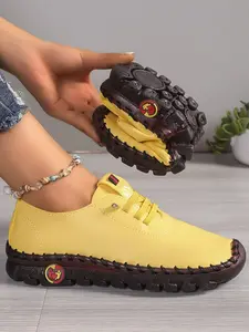 Women's Hand Stitched Casual Loafers, Mom Shoes, Multiple Colors Available, Anti-Slip Rubber Sole, Lace-Up Flat Sneakers