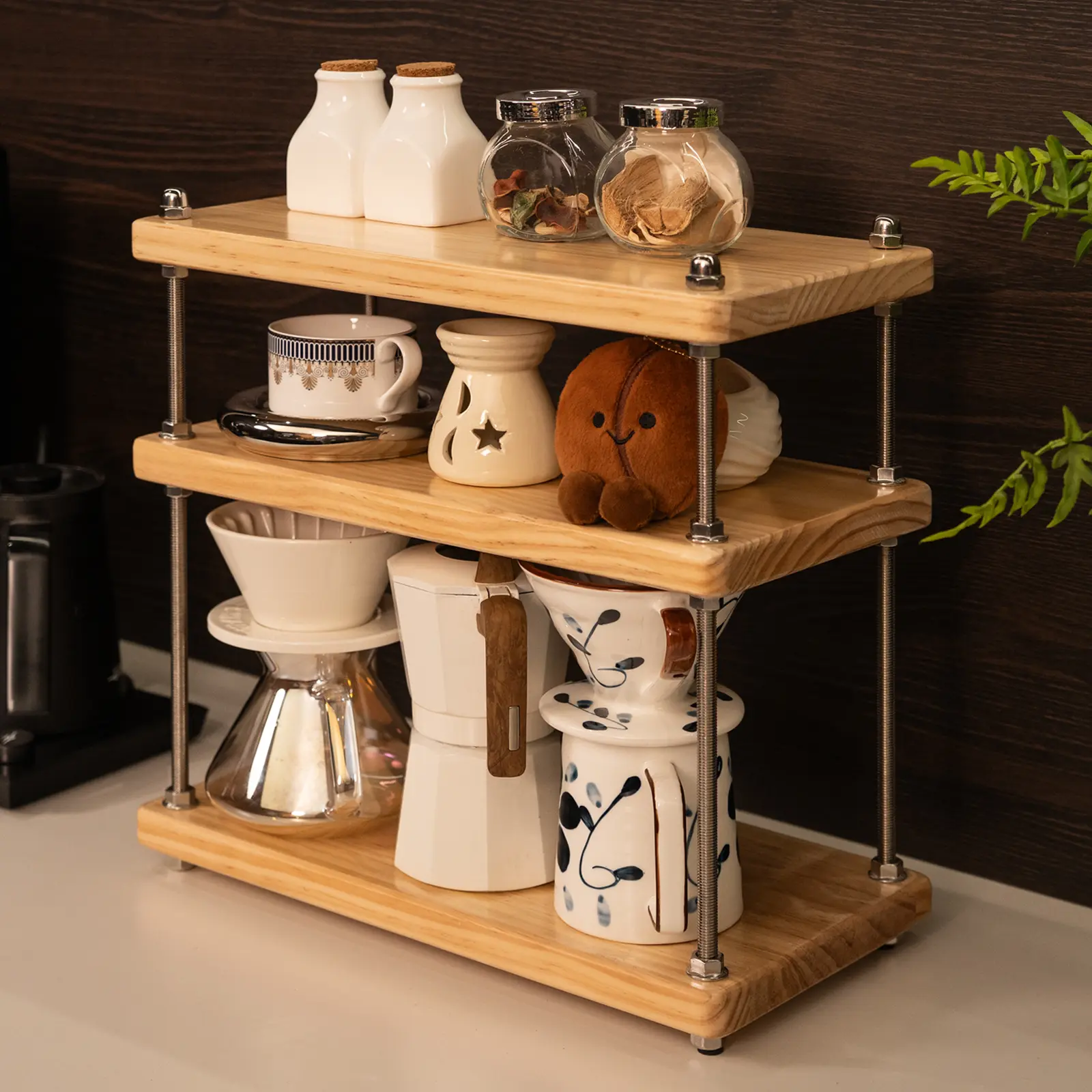 Solid Wood 3-Tier Corner Shelf - Heavy-Duty Industrial Kitchen Countertop Organizer, Adjustable Shelves with 304 Stainless Steel Threaded Rod, 15.75"l x 7.9"w x 16.5"h for Coffee Bar/Spice Storage