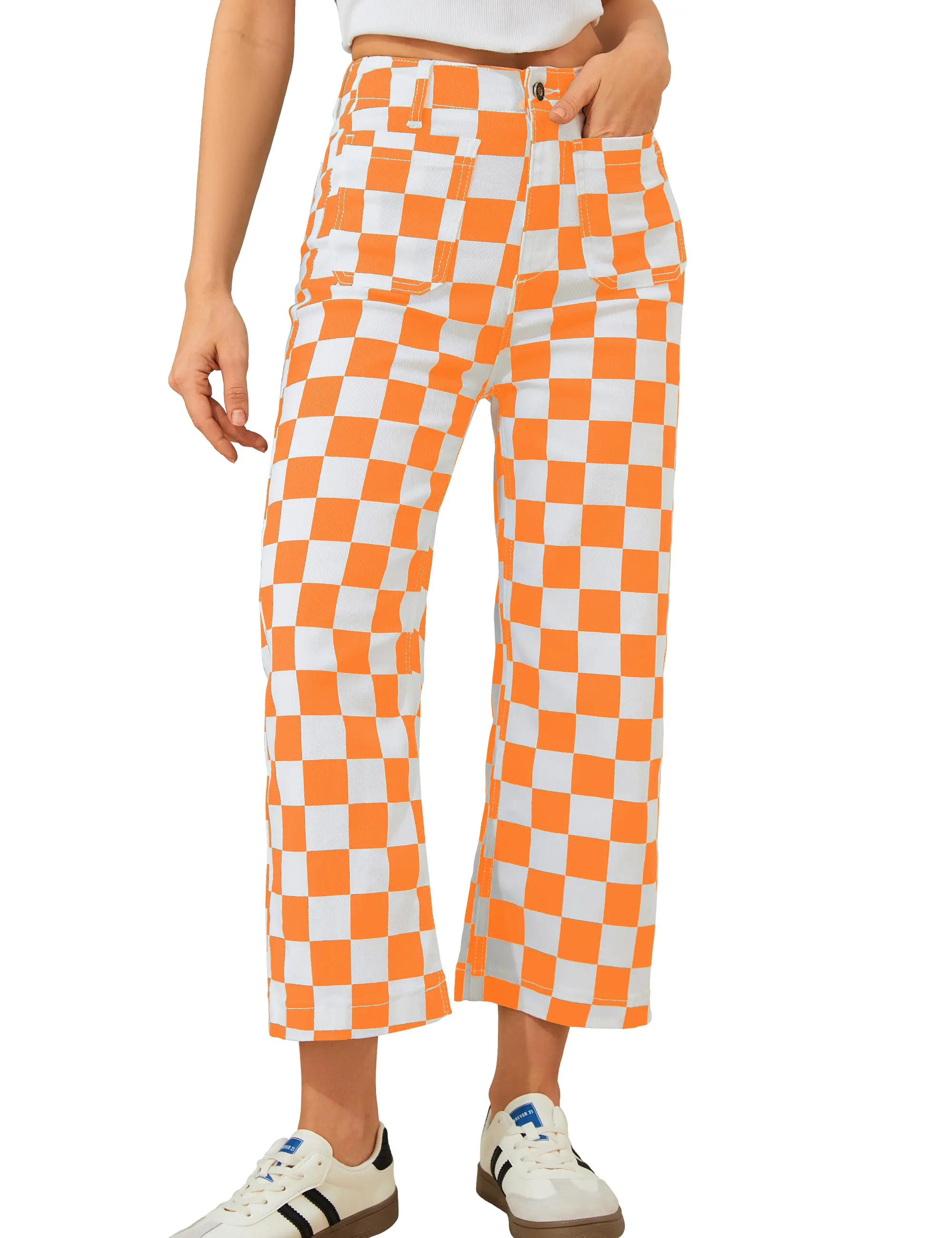 Women's Football Fan Checkered Stretchy Denim Cropped Fitted Jeans - Straight Leg, Front Zip, 5-Pocket, Street Chic Bottom Clothes for Spring Summer, Game Day Tailgate Party Outfits, Fall Season Pants,  Fashion Womenswear