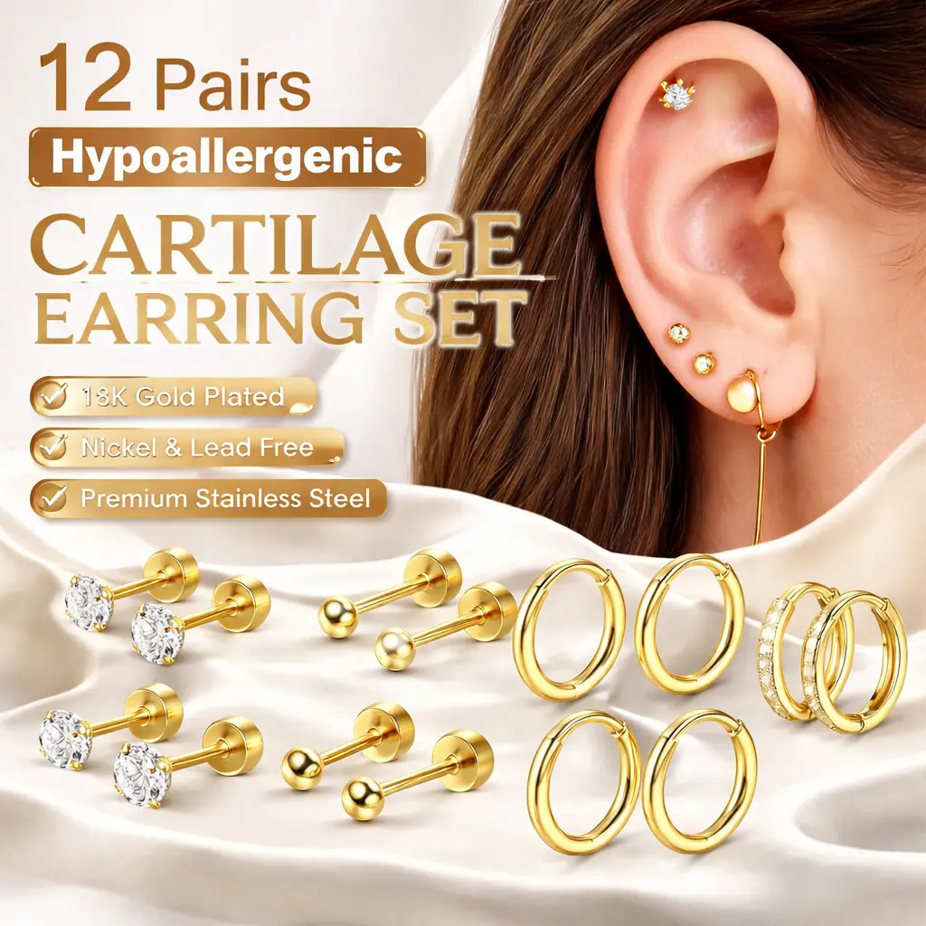 Hypoallergenic Flat Back Earrings for Sensitive Ears – Surgical Steel 14K Gold Plated Cartilage Studs for Sleeping – Nickel-Free Threadless Push-Pin Jewelry for Daith, Helix, Tragus & Lobe Piercings