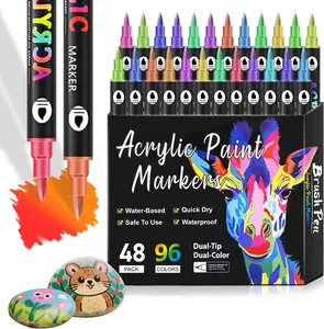Multicolor acrylic paint pens and dual-tip drawing markers suitable for adult art, rock painting, ceramics, wood, plastic, calligraphy, scrapbook making, brush lettering, card making, DIY crafts, and more.