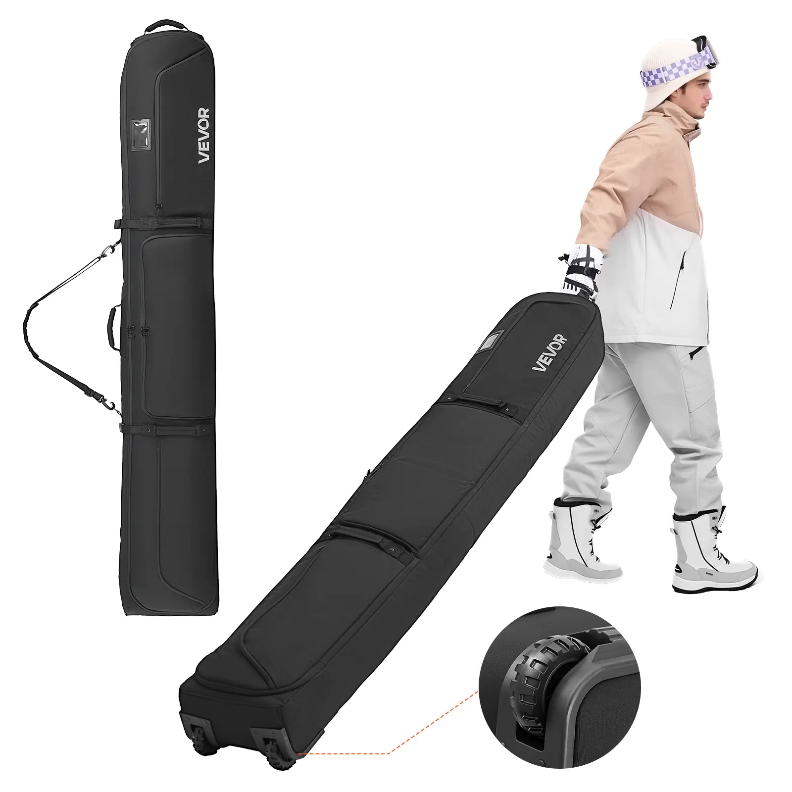 VEVOR Ski Roller Bag,  Up to 74.8 in/190 cm, Padded Snowboard Bag with Wheels for Air Travel, 600D Waterproof Oxford Fabric, with Adjustable Straps, for Skis Poles Goggles Gloves Helmet Boots (Black)