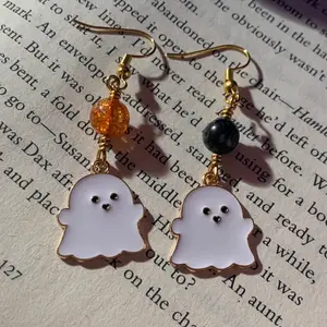 Beaded Ghost Earrings, Gold Dangle Halloween Earrings