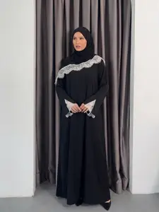 New Muslim Women's Abaya Two-Piece Set, Long Dress + Headscarf, Contrast Lace, Elegant, All Seasons, Nida Fabric, Chiffon Headscarf Included