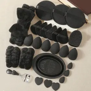 28PCS Makeup Tools Set Including:6PCS Makeup Sponges+3PCS Mini Makeup Sponges+6PCS Triangle Powder Puffs+3PCS Mini Air Cushion Pwder Puffs+1pc Hairband+2PCS Hand Bowl Strap+2PCS Makeup Brush Cleaning Tools+3PCS Circular Powder Puffs+1pc Eyelash Curler